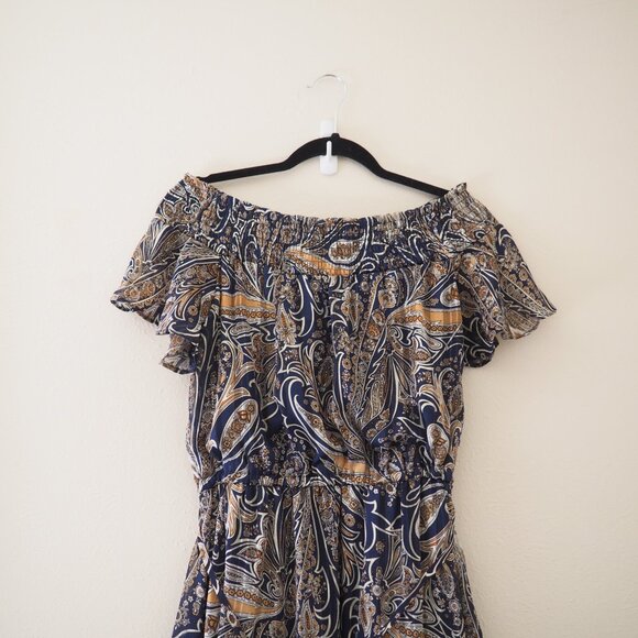 !! Lulus Always Right Navy Blue Multi Paisley Print Off The Shoulder Dress - Picture 5 of 9